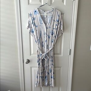 H&M Cream and Blue Botanical Floral Print Midi Dress